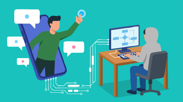 Online communication and AI programming workflow concept illustration