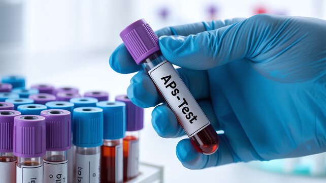 APS Test Medical Specimen in Hand with Lab Vials for Clinical Autoimmune Research