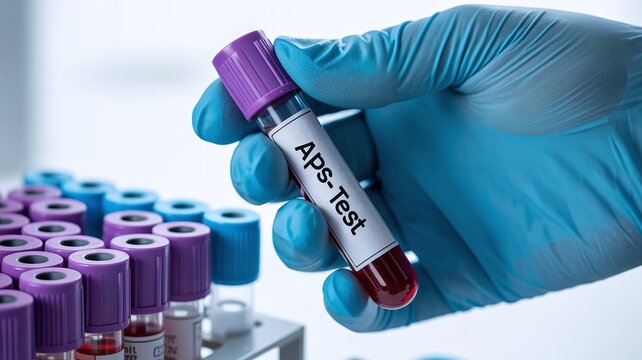APS Test Medical Specimen in Hand with Lab Vials for Clinical Autoimmune Research