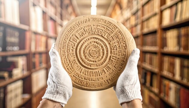 Ancient Sumerian cuneiform clay tablet held by gloved hands in a library setting