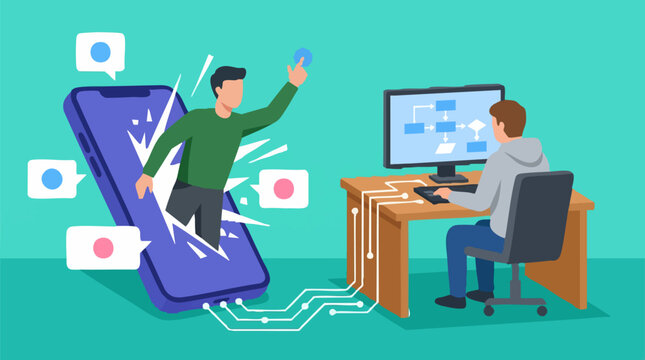 Man emerging from smartphone screen interacting, connected to developer coding