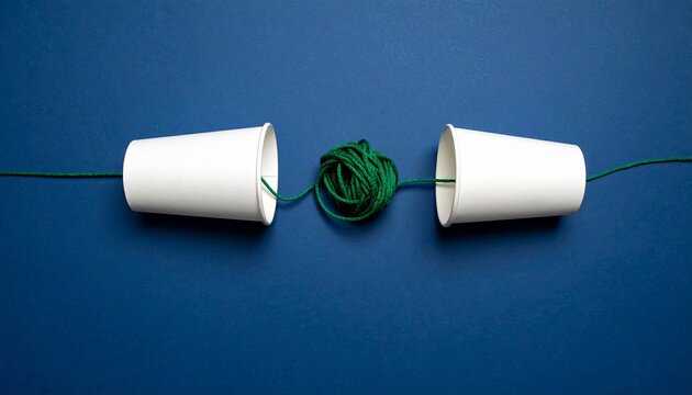 Two white paper cups connected by a tangled green string on a bright blue background, symbolizing communication, connection, and misunderstanding.