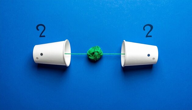 Two white paper cups connected by a tangled green string on a bright blue background, symbolizing communication, connection, and misunderstanding.