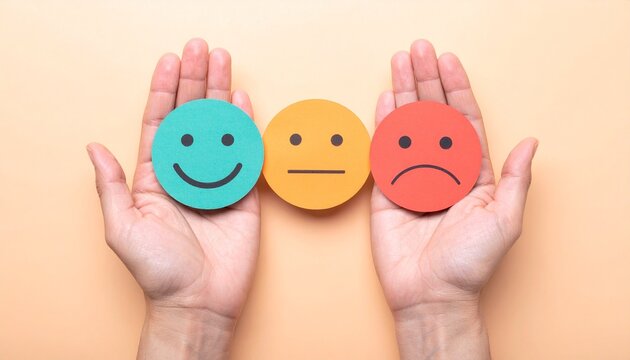 Three colored circles with sad, neutral, and happy faces held by hands on a peach background, symbolizing emotional feedback and satisfaction levels.