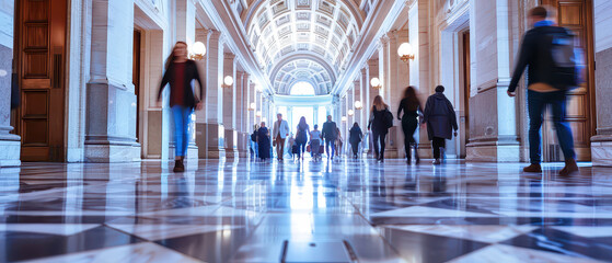 Obraz premium Wide angle shot of people walking through a government building interior, showing daily public movement, institutional architecture and formal administrative environment.