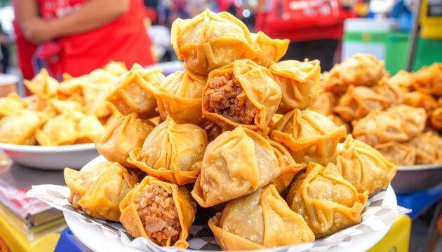 Golden crispy fried wontons filled with savory minced pork piled high on a plate, perfect for a delightful appetizer.