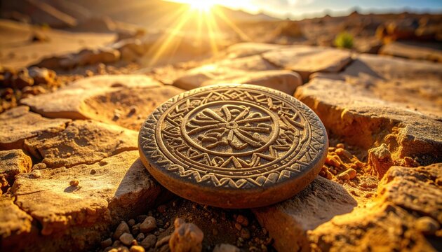 Intricately Carved Indus Valley Civilization Seal Resting on Ancient Rocky Ground Under Warm Sunlight