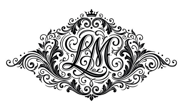 Elegant ornate monogram lm with intricate decorative flourishes and crown topper isolated on transparent background, Vector, illustration silhouette line art