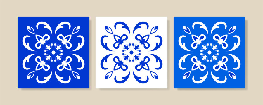 Mexican Talavera Tile. Three tiles with blue patterns on beige background
