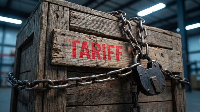 Old wooden crate featuring the word tariff stamped on the side and secured tightly with a heavy rusted metal chain