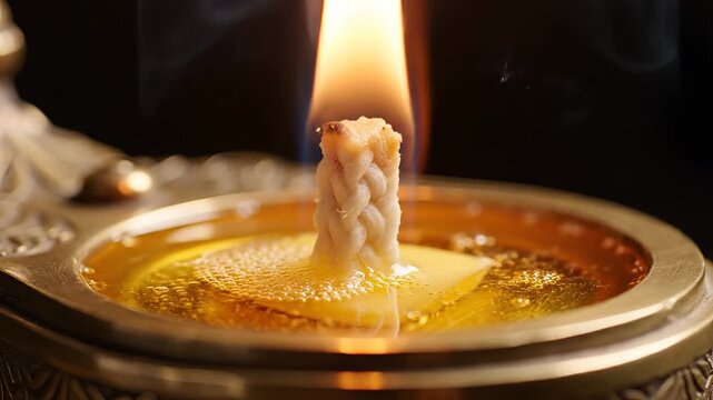 Closeup of a burning oil lamp wick with golden oil and a bright flame.