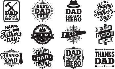 Collection of father's day badges and greetings with fathers day thanks dad black and white © Star_Pixels11