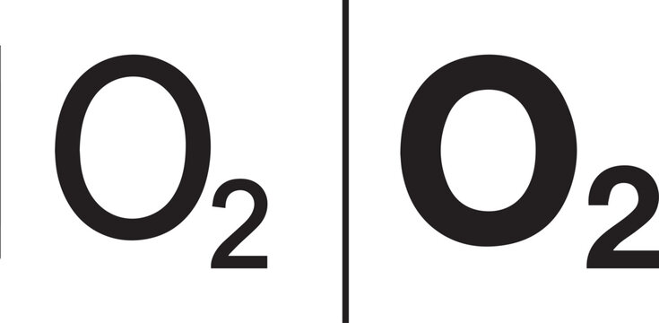 Chemical oxygen formula with symbol O2 represented in bold black typography isolated on white background for education.