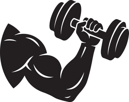 Strong arm with bicep lifting dumbbell isolated on white background, black and white vector illustration.