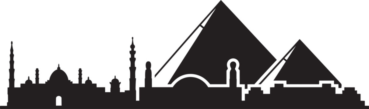 Ancient Egypt pyramids and mosque skyline silhouette adventure on white background famous place