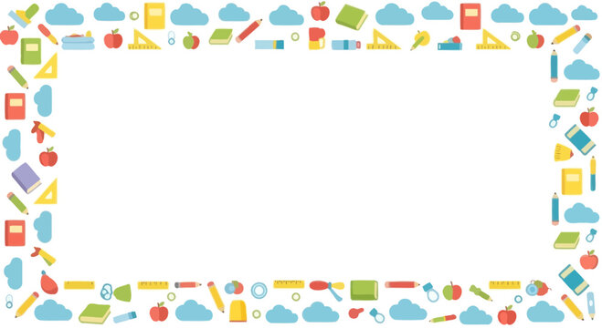 School Supplies Border Frame with Books, Pencils, Apples, Clouds, Ruler