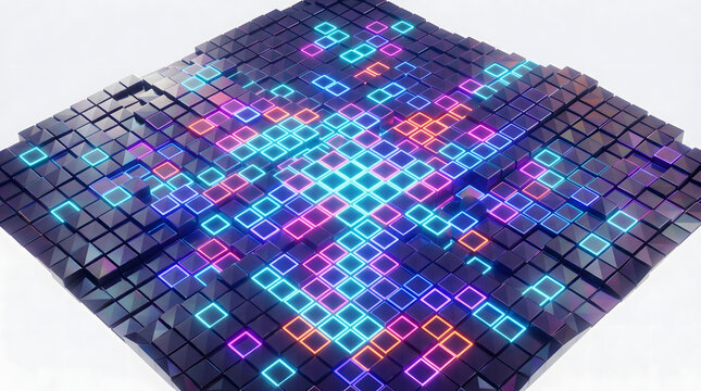 Digital data network abstract background with glowing neon cubes