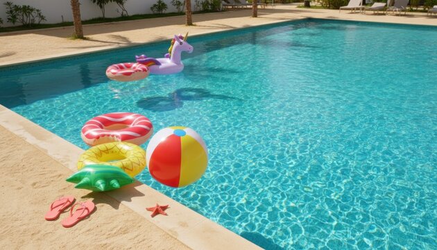 Tropical swimming pool with colorful inflatable toys, turquoise water in luxury villa pool, summer vacation background with unicorn float and beach ball