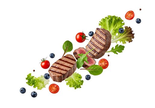 Grilled steak and colorful vegetables arranged in a creative pattern