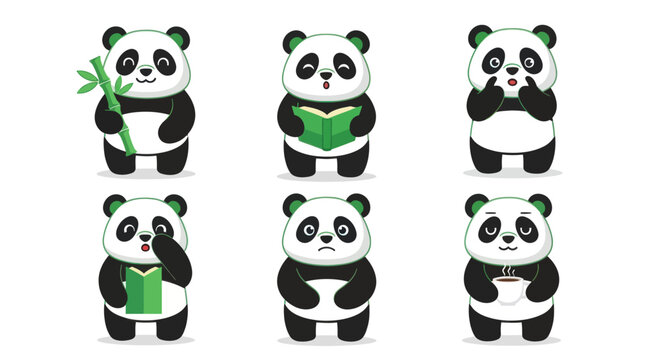 Cute Panda Set: Reading, Eating Bamboo, Drinking Coffee, Expressing Emotions