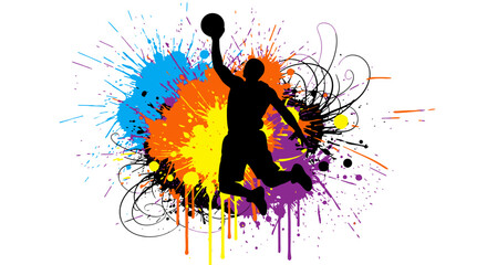Dynamic Basketball Silhouette: Capturing the energy and excitement of the game with a silhouette player against a colorful, dynamic splatter art background © Dicky