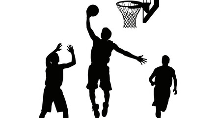 Basketball Action Silhouette: Dynamic silhouettes capture the intense action of a basketball game, with players vying for the ball near the hoop. © Dicky