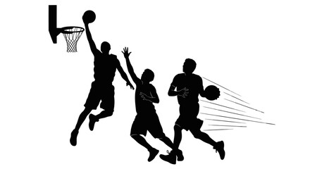 Basketball Action: Dynamic silhouettes capture the intensity of a basketball game, showcasing a player soaring for a shot as opponents strive to block. © Dicky