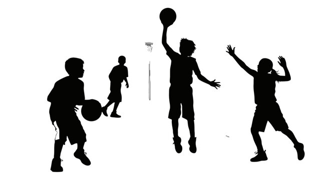 Basketball Silhouette: Energetic figures engage in a dynamic basketball game, with bold silhouettes. Capturing the essence of teamwork and skillful play, creating a sense of action and excitement.