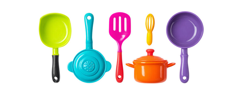 premium children kitchen utensils, vibrant toy cooking accessories with modern cartoon styling and realistic plastic texture, fun pretend cooking playset concept, isolated on a clean white background,