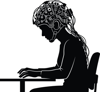 Black vector silhouette of a focused person wearing an intricate brain computer interface headset for neural data monitoring