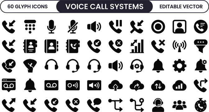 Voice Call System Glyph Icons Set for Communication Interface, Phone Support, Audio, Signal, and Contact Design