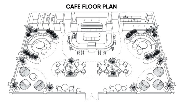 CAFE FLOOR PLAN CAD Architectural Lines Designs, Editable Vector Stroke Illustrations. containing architecture, floorplan, layout, cafe, interior, design, blueprint, planning and more CAD designs.