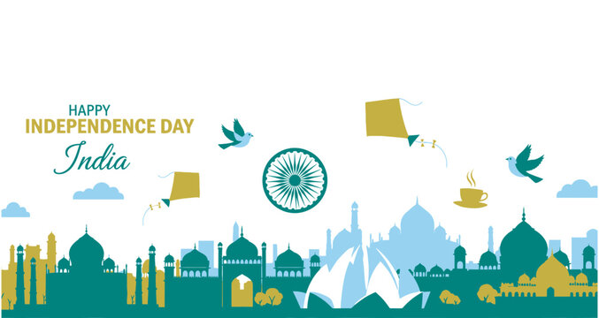 Independence Day Indian Independence Day celebration with city monuments kites and coffee cup vector design for 15th August festive theme India