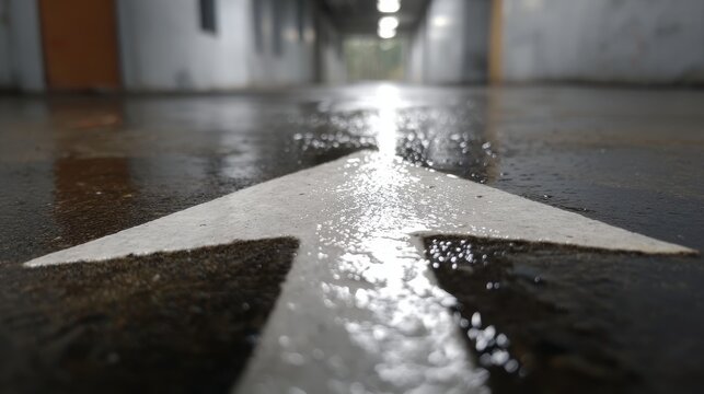 White arrow painted on a wet grey floor in an empty indoor corridor