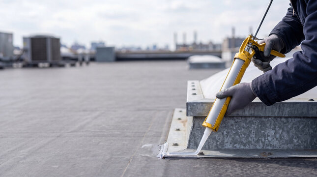 Roofer applying sealant to a skylight edge with a caulk gun. Professional construction worker repairing roof membrane on a building rooftop. Maintenance and waterproofing service concept.