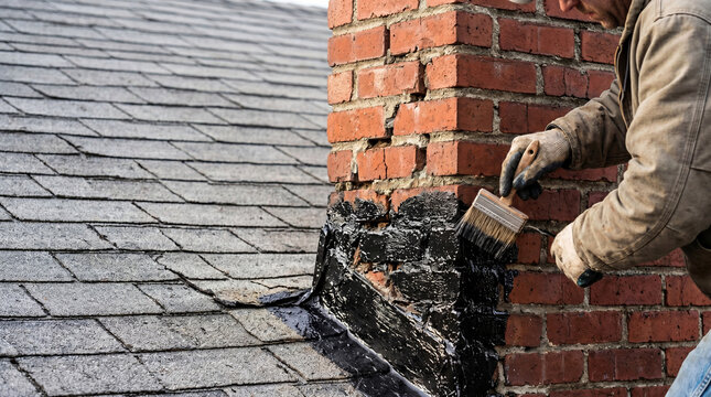 Roofer applying black sealant to damaged brick chimney base on residential roof. Professional worker repairing roof flashing construction. Home maintenance and exterior renovation job task.