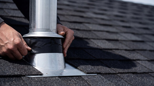 Roofer applying waterproof tape to a metal chimney pipe on a shingle roof. Professional workman repairing roof flashing. Maintenance of residential house exterior, waterproofing concept.