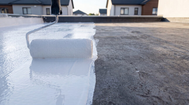 Roofer applying white waterproof coating on flat house roof with paint roller. Residential structure maintenance and repair service. Protective sealant application for building leak prevention.