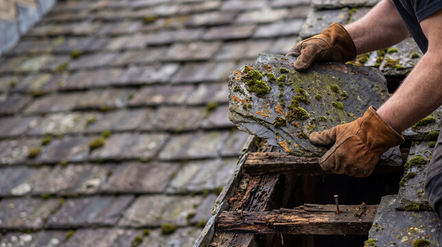 Roofer repairing old slate roof with moss. Man working on home exterior maintenance. Construction worker replacing damaged shingles on damaged wooden roof structure. Home renovation concept.