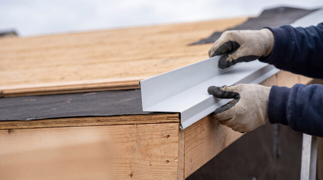 Roofer installing metal drip edge flashing on wooden house roof edge. Professional construction worker repairing residential rooftop. Maintenance, renovation and home improvement concept.