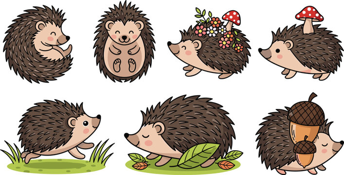 Hedgehog Icon Set Featuring Cute Hedgehogs with Mushrooms, Flowers, Acorns, and Leaves for Woodland Animal Designs