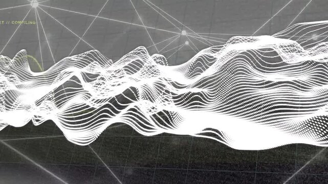 Green COMPILING appearing, waveform evolving, dots traveling, peaks bulging to show compilation