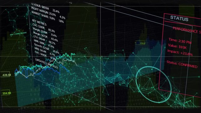 Data HUD receiving live feed, panels sliding, lines forming, ring tracking cluster, confirming KPIs