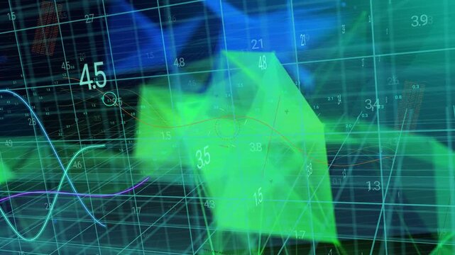 Green polygonal mesh forming and shifting from frame 1, waveforms crossing, visualizing data trends