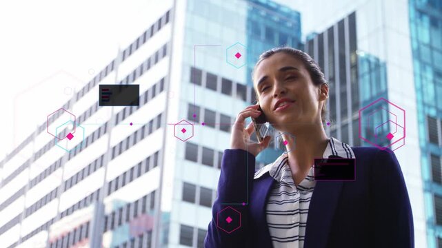Woman receiving phone call, closing business deal while camera tilting and hexagons overlapping her