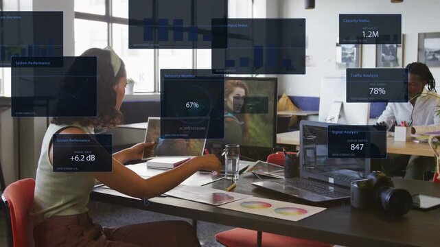 Woman comparing print portrait with screen while data panels rising, showing metrics for design
