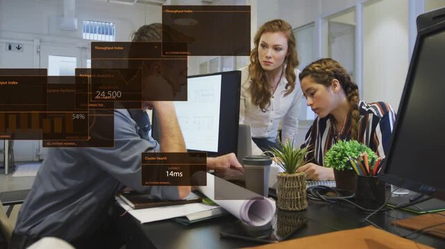Man pointing at plans and monitor team analyzing metrics translucent analytics panels covering desk