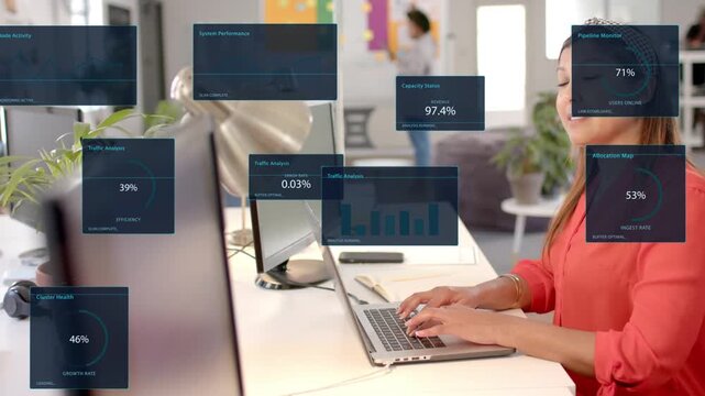 Woman typing laptop and initiating business data panels stacking across desk, monitoring metrics