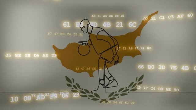 Gold Cyprus map appearing with codes, sketching, dribbling along baseline, fading, showing emblem