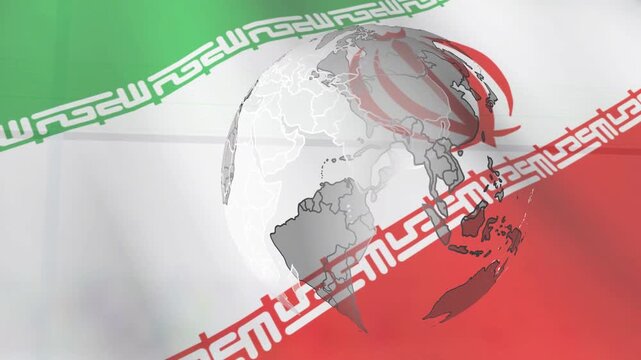 Glossy 3D globe appearing from right edge, rotating then receding, revealing Iranian flag emblem
